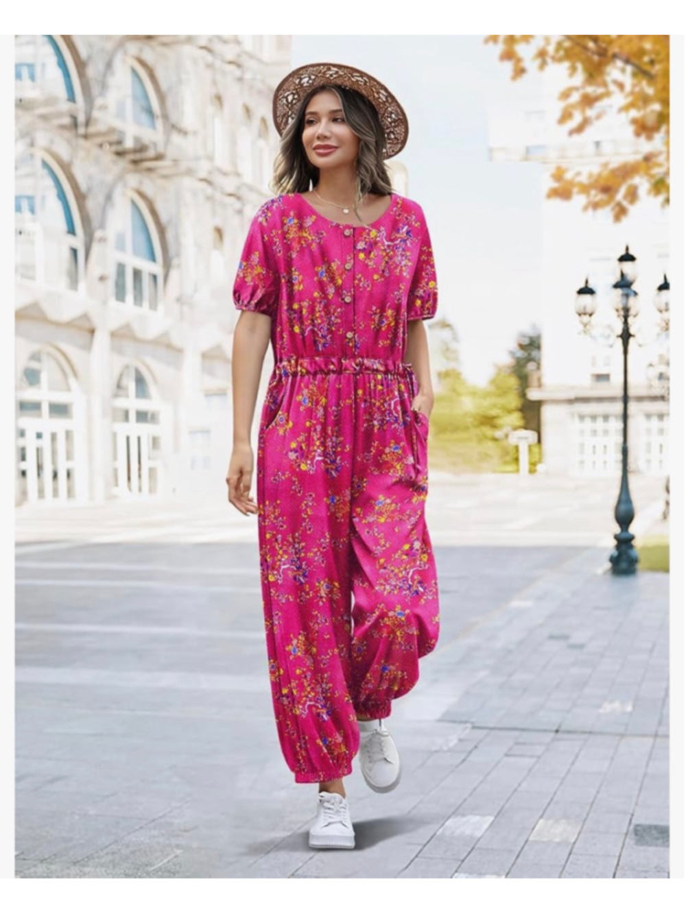NEW Cotton Jumpsuit Casual Floral Boho Cropped Drawstring Romper Short Sleeve 2X
